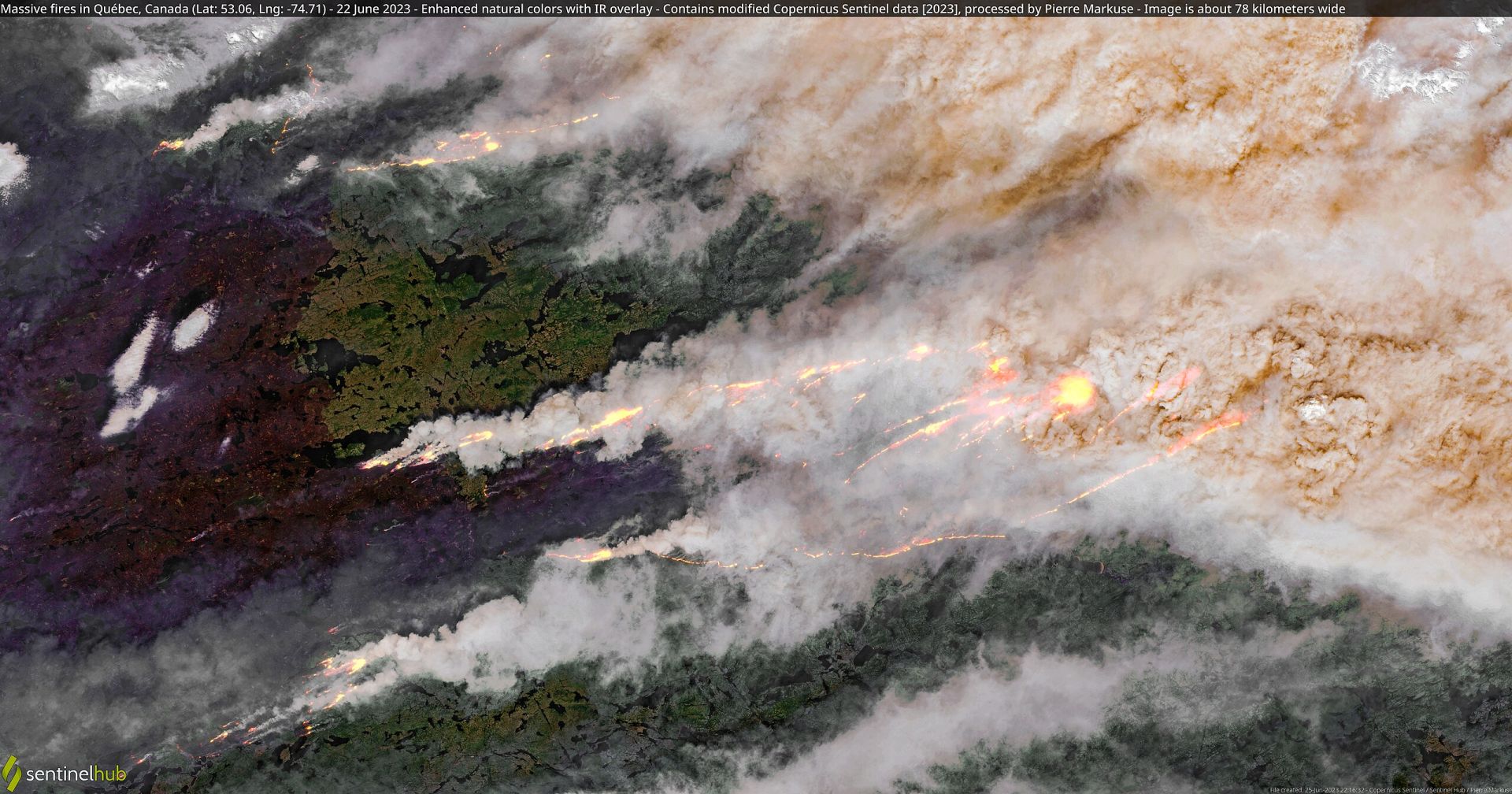 Pożar terenów w Quebeku w czerwcu 2023 r. fot. Pierre Markuse / Copernicus Program, Sentinel / Wikipedia