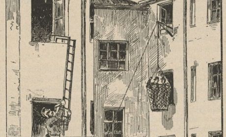 Nowe przyrządy ratunkowe: kosz Łunda (z prawej) i drabinki niemieckiej firmy Ruffman (z lewej) źródło: „Biesiada Literacka” 1894, nr 10, s. 148